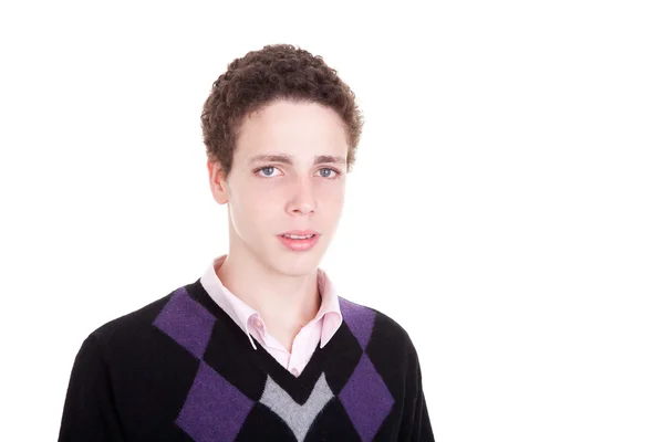 Lindo chico con ojos azules, aislado en blanco, disparo de estudio — Foto de Stock