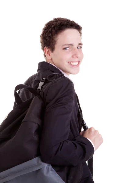 Молодий чоловік зі шкільною сумкою, ізольований на білому, студійний знімок . — стокове фото