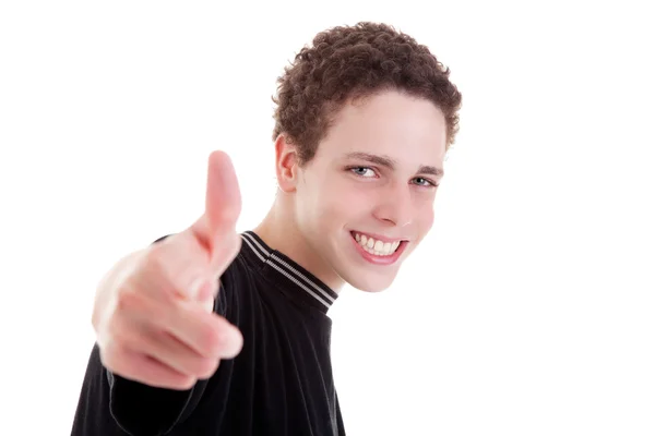 Молодий чоловік посміхається, з великим пальцем вгору, ізольований на білому, студійний знімок — стокове фото