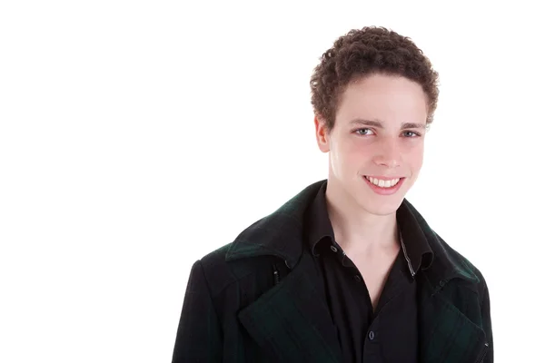 Pohledný mladý muž s úsměvem na bílém pozadí. Studio záběr — Stock fotografie