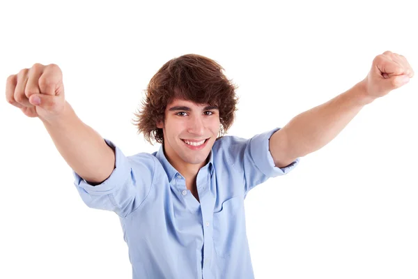 Πορτρέτο ενός πολύ χαρούμενος νεαρού άνδρα με τα χέρια του έθεσε, σε λευκό φόντο. Studio που γυρίστηκε — Φωτογραφία Αρχείου