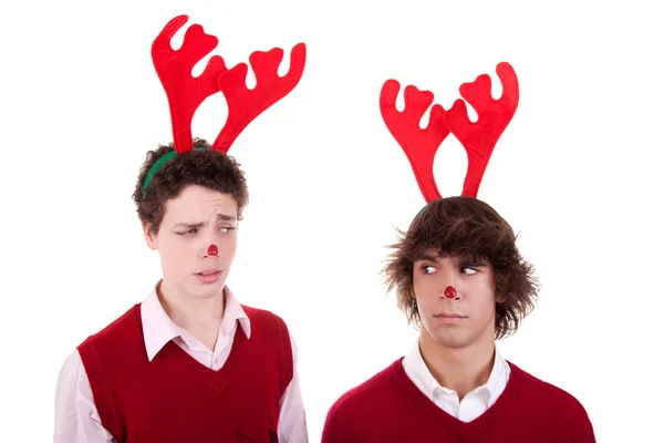 Happy young men wearing reindeer horns, admired, on white, studio shot — Stock Photo, Image