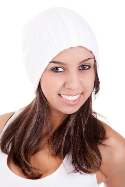 Όμορφη νεαρή γυναίκα χαμογελώντας με μια κουκούλα, που απομονώνονται σε λευκό φόντο. Studio που γυρίστηκε. — Φωτογραφία Αρχείου