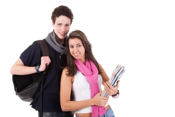 Έφηβοι (νεαρός άνδρας και γυναίκα), πρόκειται να σχολείο, απομονωμένα σε λευκό, studio πυροβολισμό — Φωτογραφία Αρχείου