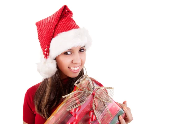 Feliz Navidad mujer joven con un regalo, aislado en el fondo blanco, filmado en estudio . — Foto de Stock