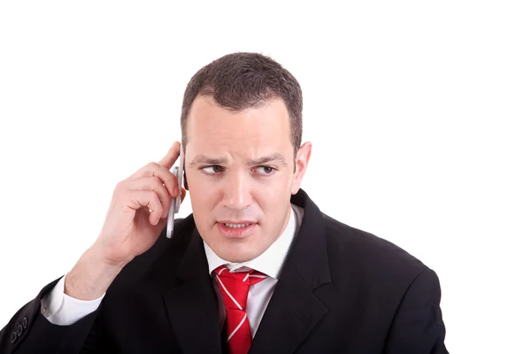 Бізнесмен по телефону, ізольований на білому, студійний знімок — стокове фото