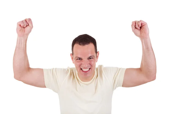 Portrét šťastný muž s rukama zvedl na bílém pozadí. Studio záběr — Stock fotografie