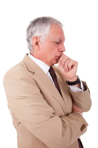 Portrait of a handsome mature businessman, thinking, on white background, studio shot — Stock Photo, Image