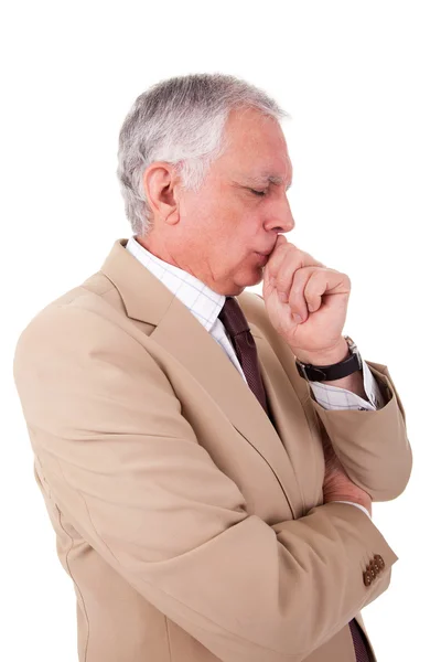 stock image Portrait of a handsome mature businessman, thinking, on white background, studio shot