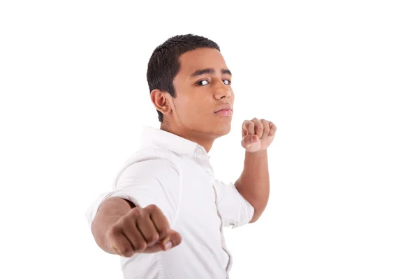 Portréja egy nagyon boldog latin fiatalember a karját emelte, fehér háttér. Stúdió felvétel — Stock Fotó