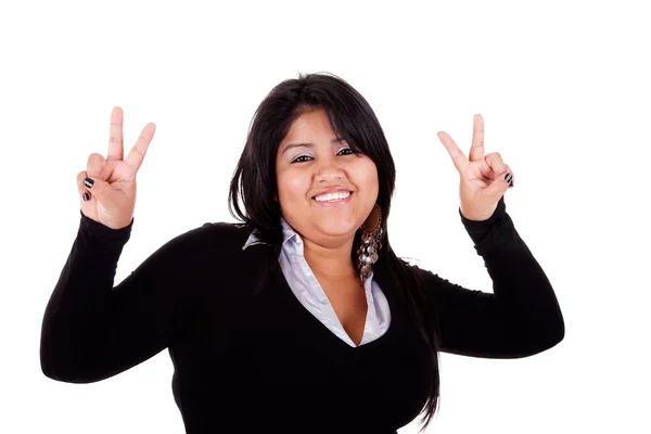 Happy large latin woman, with thumbs raised as a sign of victory, isolated on white background. studio shot — Stock Photo, Image