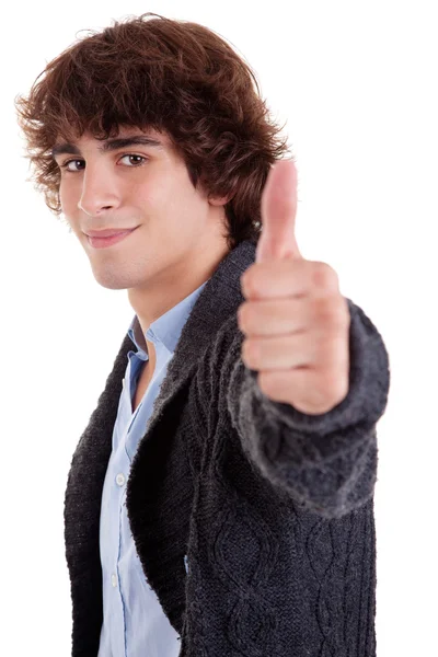 Young man smiling, with thumb up, isolated on white, studio shot — Stock Photo, Image