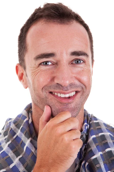 Portrait d'un bel homme d'âge moyen souriant, sur fond blanc. Plan studio — Photo