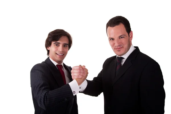 Handslag mellan två affärsmän smilling, isolerade på vit, studio skott — Stockfoto