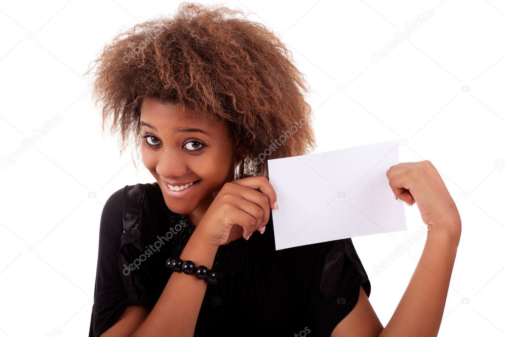 Beautiful black woman person with blank business card in hand, isolated on white background. Studio shot.