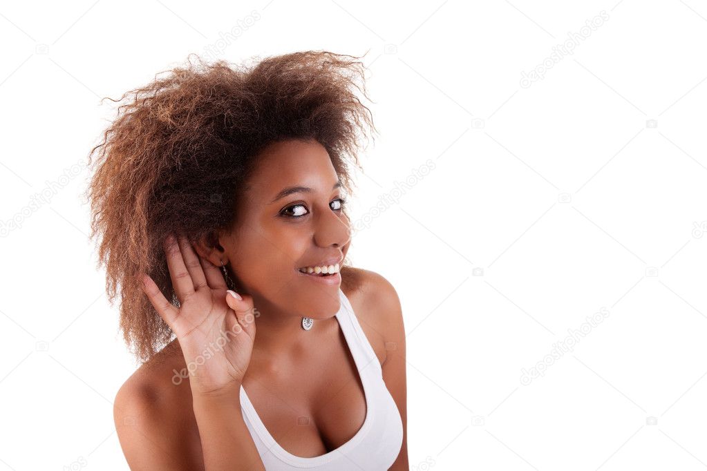 Black woman, listening, viewing the gesture of hand behind the ear, isolated on white background