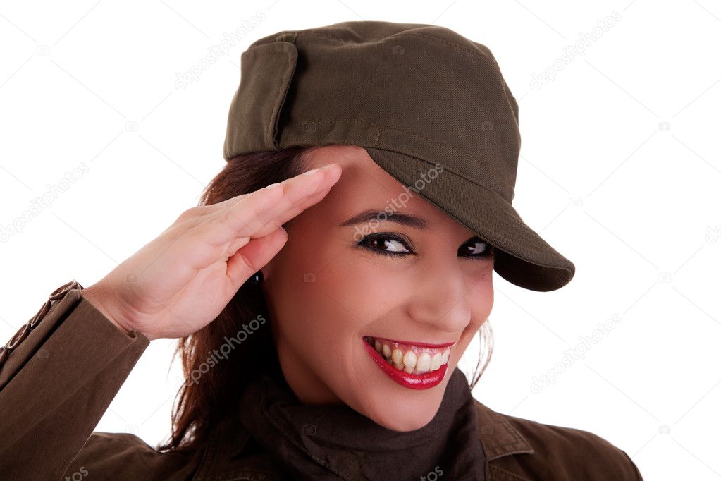 Happy woman army soldier saluting isolated on white background. Studio shot
