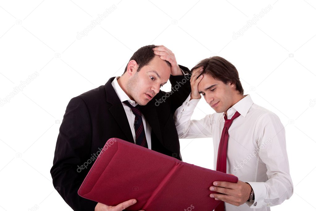 Two businessmen talking about work, tired and worried, looking for a document, isolated on a white background