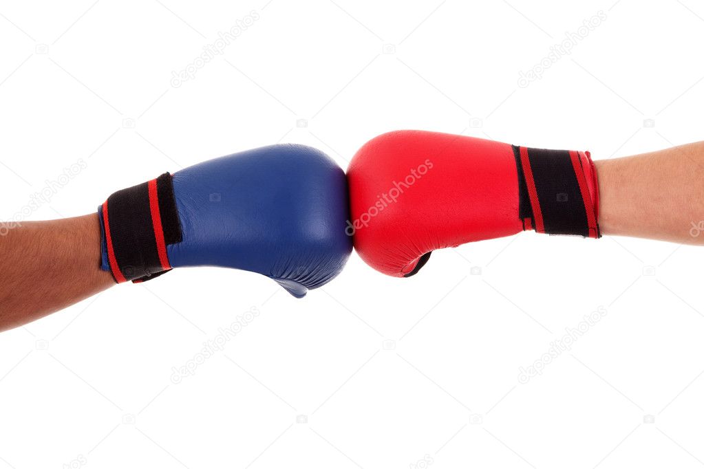 Two boxers touch gloves ready to start fight, isolated on white, studio shot