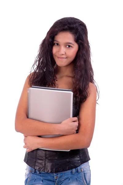 Diáklány mosolyogva és notebook tartó Stock Kép