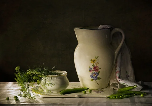 Still Life ", and a pitcher of green peas" — Stock Photo, Image