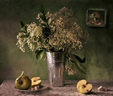 Still life with a bouquet and apple clipart