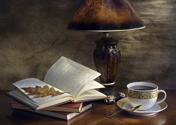 本とランプのある静物 ストック画像
