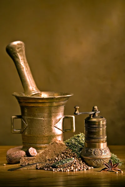 Still life with herbs, mortar and mill — Stock Photo, Image
