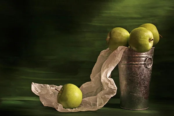 Still Life with Apples and a bucket — Stock Photo, Image
