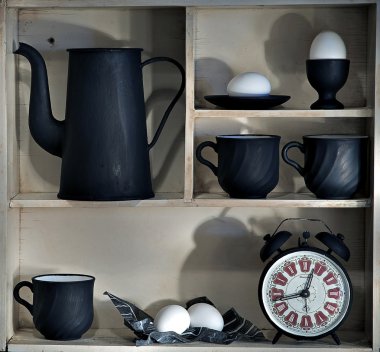 Shelf with dishes of dark clipart
