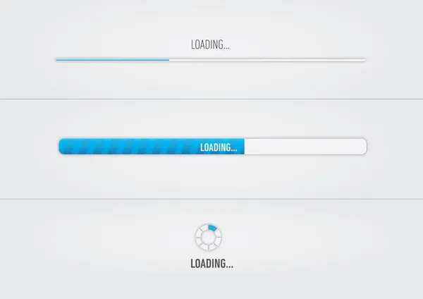 Barres de chargement bleues et spiner avec "Loading"... texte — Image vectorielle