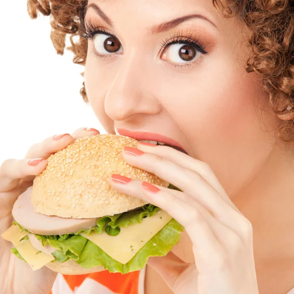 楽しいサンドイッチ上に白い背景を持つ女性 — ストック写真