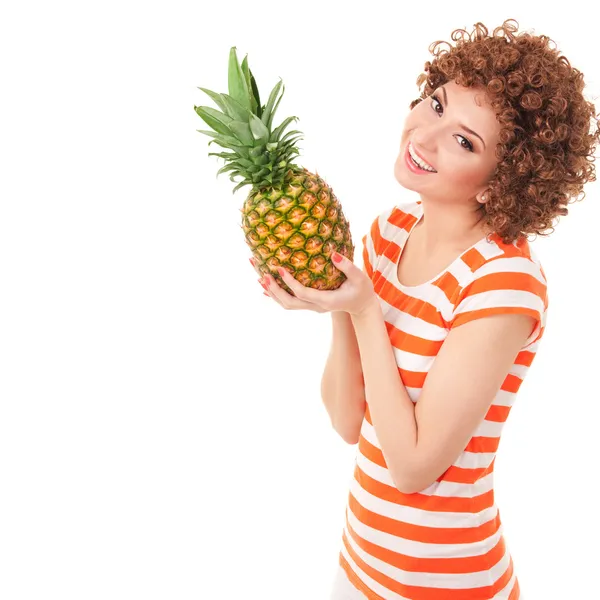 Fun woman with pineapple on the white background — Zdjęcie stockowe