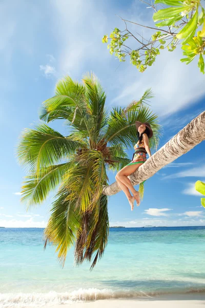 Mode kvinna placering på palmträd på stranden — Stockfoto