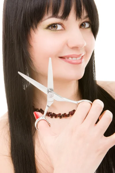 stock image Lovely brunette with scissors of the hairdresser