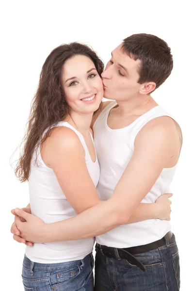 Šťastný pár na bílém pozadí — Stock fotografie