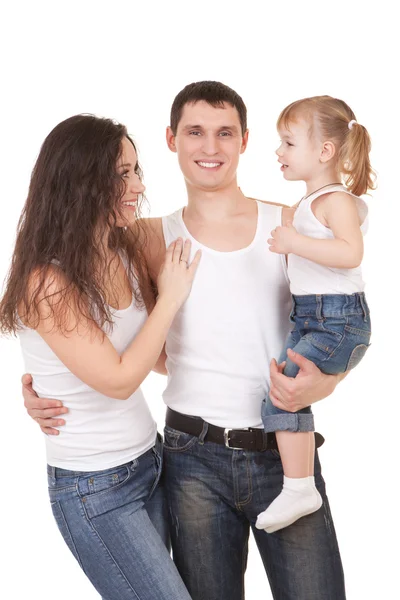 Gelukkig moeder, vader en dochter op de witte achtergrond — Stockfoto