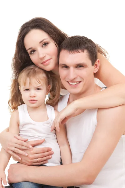 Mãe feliz, pai e filha brincando no backgroun branco — Fotografia de Stock