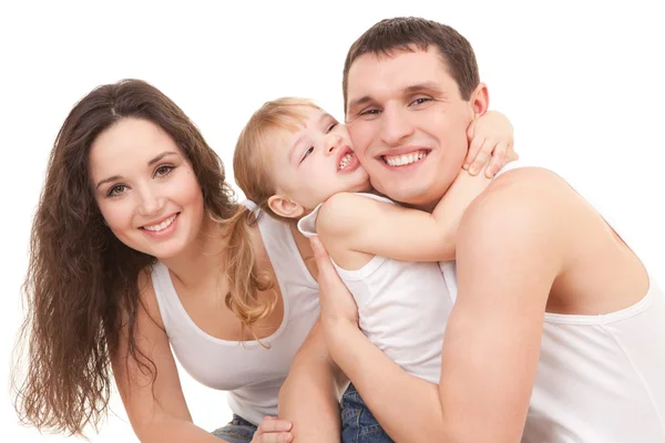 Mãe feliz, pai e filha brincando no backgroun branco — Fotografia de Stock