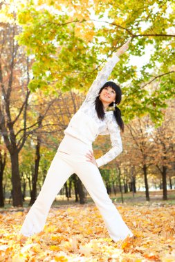 güzel bir kadın yoga egzersizleri sonbahar Park yapıyor