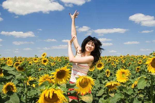 Zábavná žena na poli slunečnic — Stock fotografie