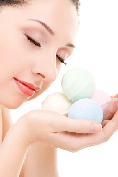 Young woman with aromatic balls for spa — Stock Photo, Image