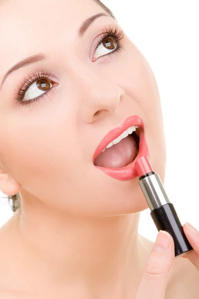 Pretty young woman with lipstick — Stock Photo, Image