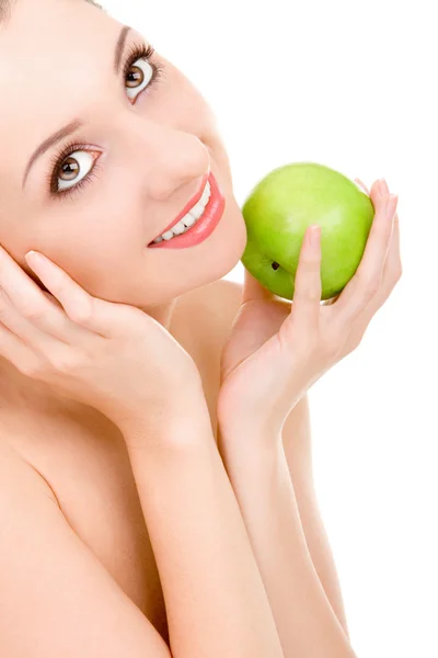 Vacker kvinna med grönt äpple — Stockfoto