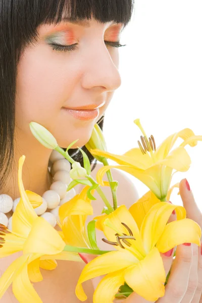 stock image Young woman with lily flower