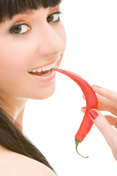 stock image Cute girl with chili pepper