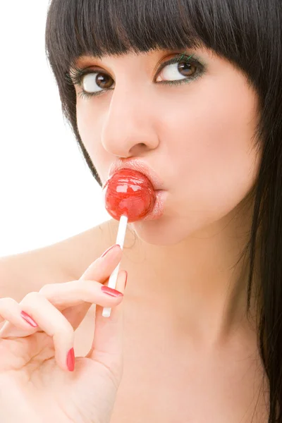 Dulce mujer con caramelo sobre fondo blanco — Foto de Stock