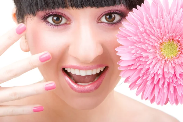 Fun woman with gerber flower — Stock Photo, Image