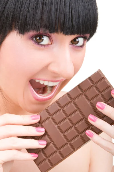 Divertente donna mangiare cioccolato — Foto Stock