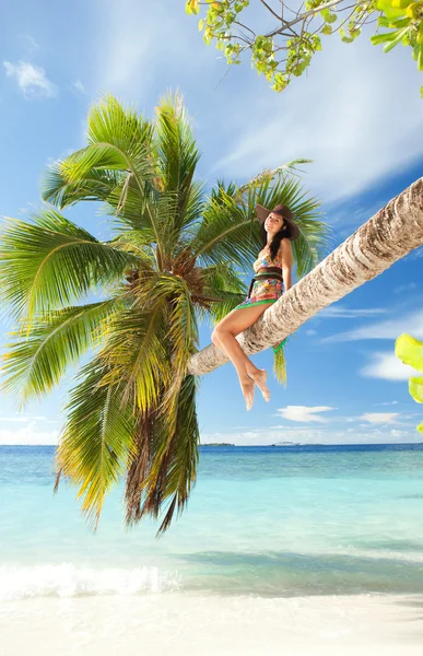 Mujer de moda sentada sobre una palmera en la playa —  Fotos de Stock
